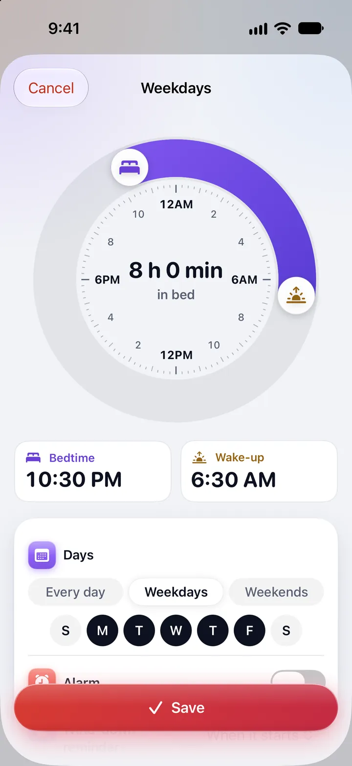 The alarm editor for weekdays: a dial from bedtime, 10:30 PM, to wake-up, 6:30 AM, 8 h 0 min in bed; the days, Monday to Friday; and Save.