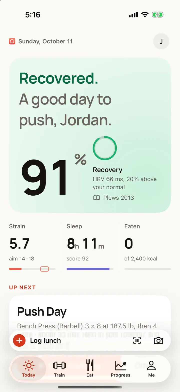 Fullday's Today screen: Recovered. A good day to push, Jordan. 91% Recovery, HRV 66 ms, 20% above your normal, Plews 2013.
