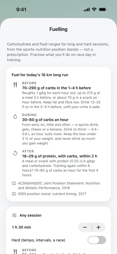 Fuelling for today's 16 km long run: carbohydrate ranges before, during and after, with their sources, the ACSM, AND and DC position statement and the ISSN position stand.