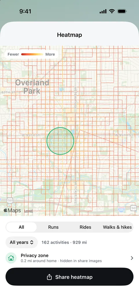Your heatmap: 162 activities and 929 miles drawn on an Apple Maps map, brighter where you've been most, with a privacy zone 0.2 miles around home that's hidden in share images.