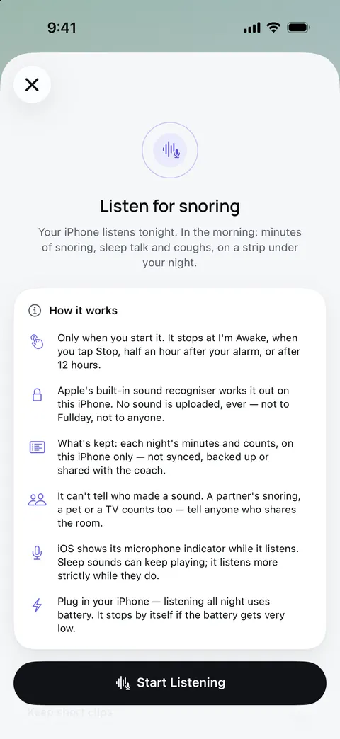 Listen for snoring: Apple's built-in sound recogniser works on this iPhone, no sound is uploaded, and only each night's minutes and counts are kept.