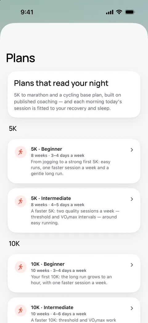 The plan catalogue: Plans that read your night. 5K and 10K plans at Beginner and Intermediate, with their weeks and days a week.
