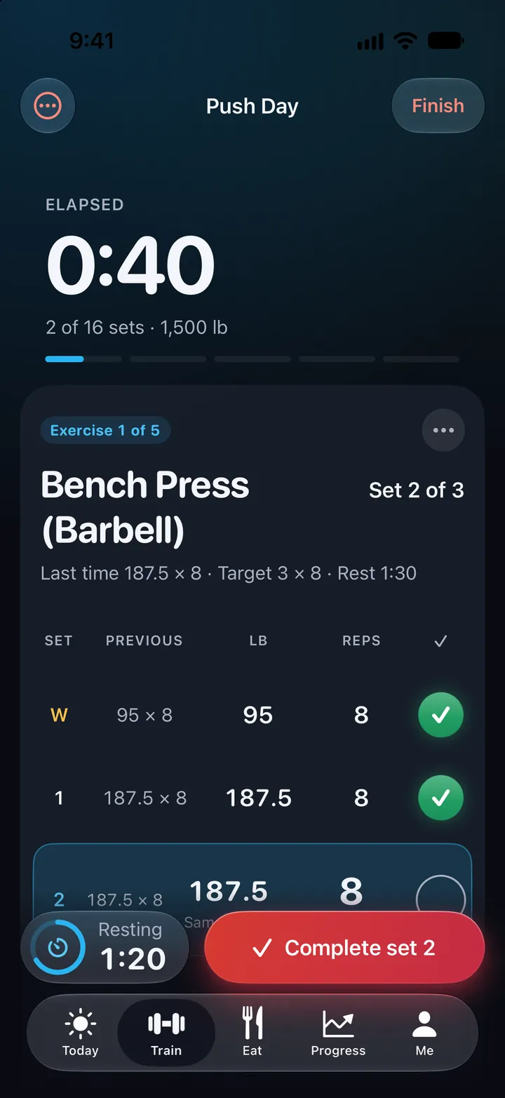 Resting between sets of Push Day on the gym screen: the bench press, set 2 of 3, last time 187.5 × 8, target 3 × 8 with 1:30 rests; the warm-up and set 1 ticked off, set 2 filled in with last time's 187.5 lb for 8; the rest timer at 1:20 and Complete set 2.