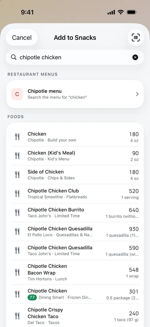 A search for chipotle chicken: Chipotle's own menu at the top, then chicken dishes from several restaurant chains with their calories.