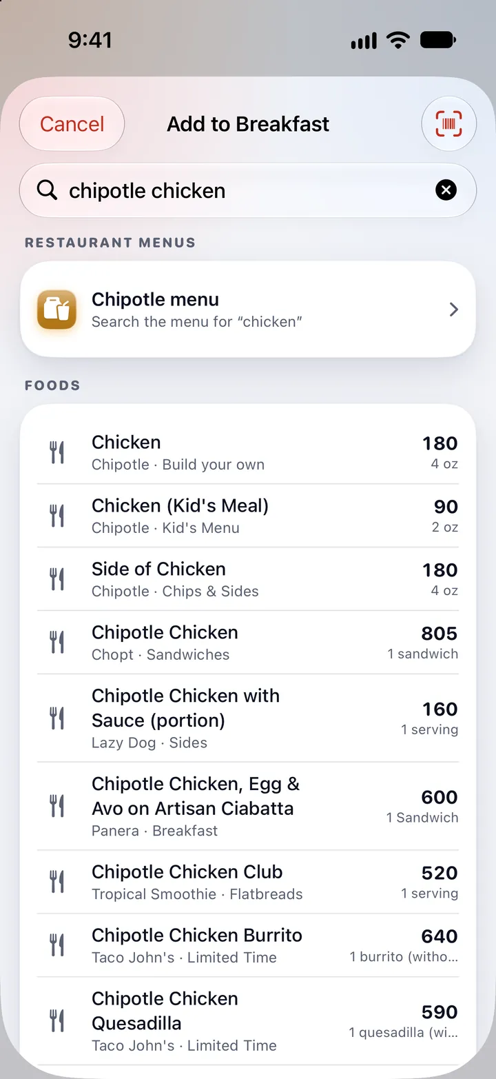Adding to breakfast: a search finds a restaurant's menu, then dishes from six restaurant chains, each with its calories and serving.
