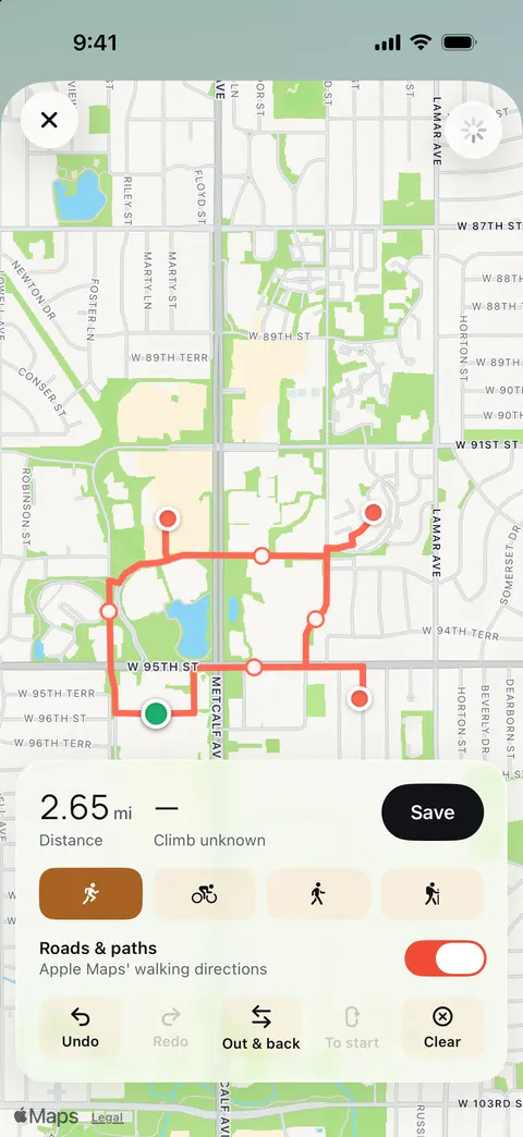 The route builder: a 2.65-mile loop drawn on Apple Maps with Roads & paths on, ready to save.