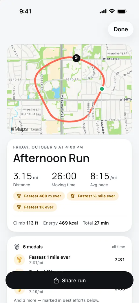 A run's summary with the route, splits and medals.