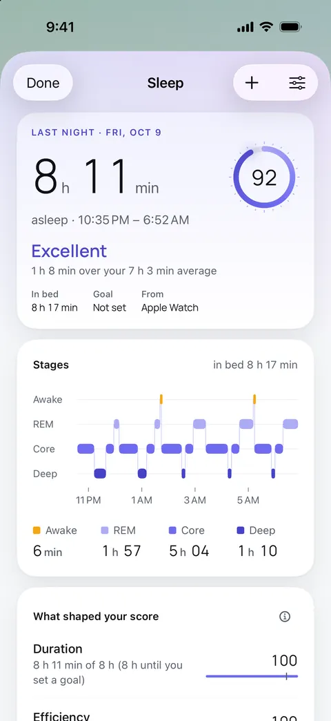 Last night: 8 h 11 min asleep, a sleep score of 92, Excellent, the stages as a hypnogram, and what shaped the score.