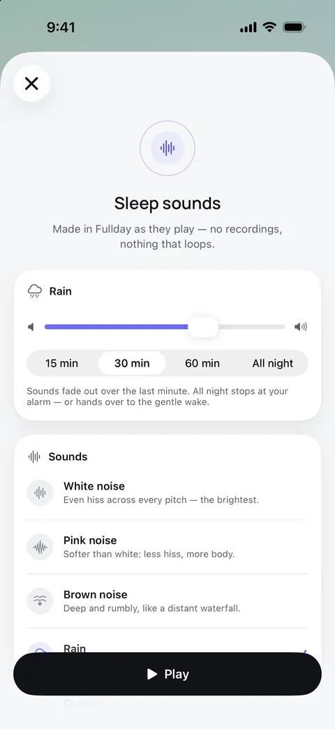 Sleep sounds, made on the phone as they play: rain with a 30-minute timer, then white, pink and brown noise.