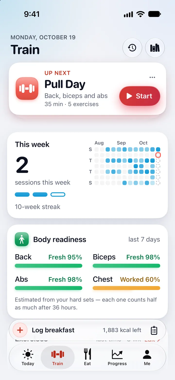 The Train tab: up next, Pull Day, back, biceps and abs, 35 minutes, 5 exercises, and Start; then this week, 2 sessions on a 10-week streak, and body readiness for the last 7 days.