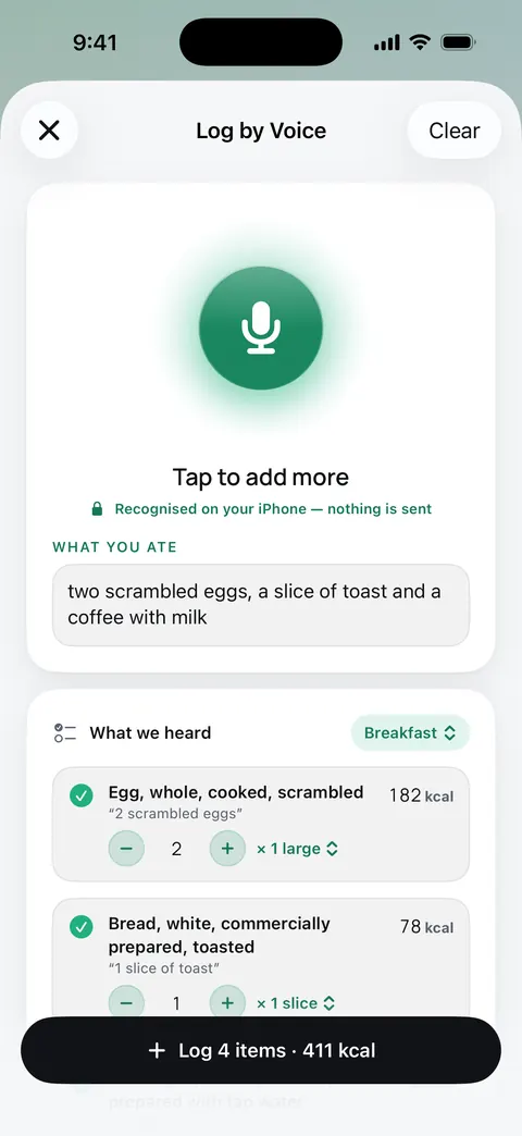 Log by voice: two scrambled eggs, a slice of toast and a coffee with milk, recognised on the iPhone, becomes four foods to log, 411 kcal.