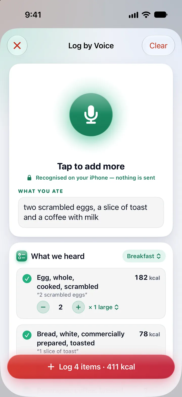 Log by voice: two scrambled eggs, a slice of toast and a coffee with milk, recognised on your iPhone, nothing sent; then what it heard, scrambled eggs and toast with their calories, and Log 4 items, 411 kcal.