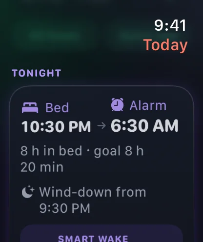 Tonight on Apple Watch: bed 10:30 PM to the alarm at 6:30 AM, 8 h in bed against a goal of 8 h 20 min, wind-down from 9:30 PM, and smart wake under it.