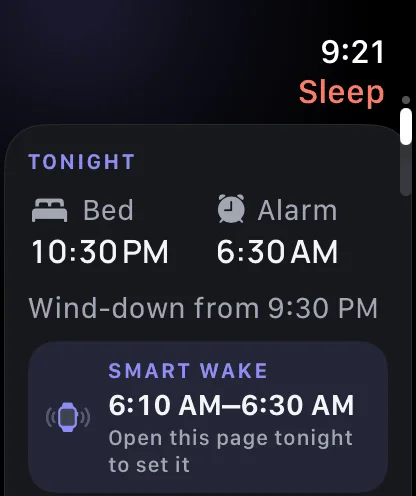 Tonight on Apple Watch: bed 10:30 PM, alarm 6:30 AM, wind-down from 9:30 PM, and a smart wake window of 6:10 to 6:30 AM.