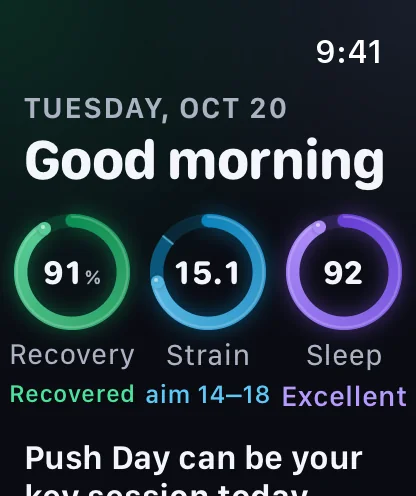Fullday on Apple Watch, at the top of its one scroll: Good morning, then three rings, Recovery 91% Recovered, Strain 15.1 with an aim of 14–18, and Sleep 92 Excellent.