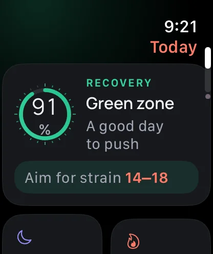 Fullday on Apple Watch: Recovery 91% in a thin ring, Green zone, a good day to push.