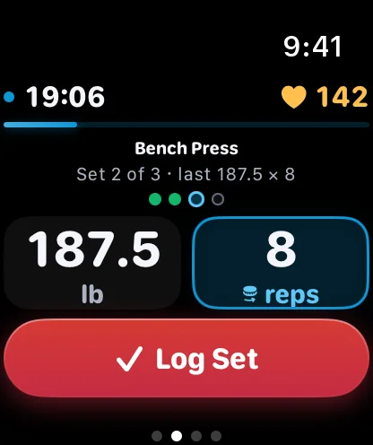 A strength set on Apple Watch: Bench Press, set 2 of 3, last 187.5 × 8, the sets as dots, 187.5 lb for 8 reps, heart rate 142, and Log Set.