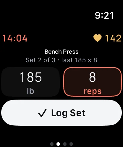 A strength set on Apple Watch: Bench Press, set 2 of 3, 185 lb for 8 reps, and the Log Set button.